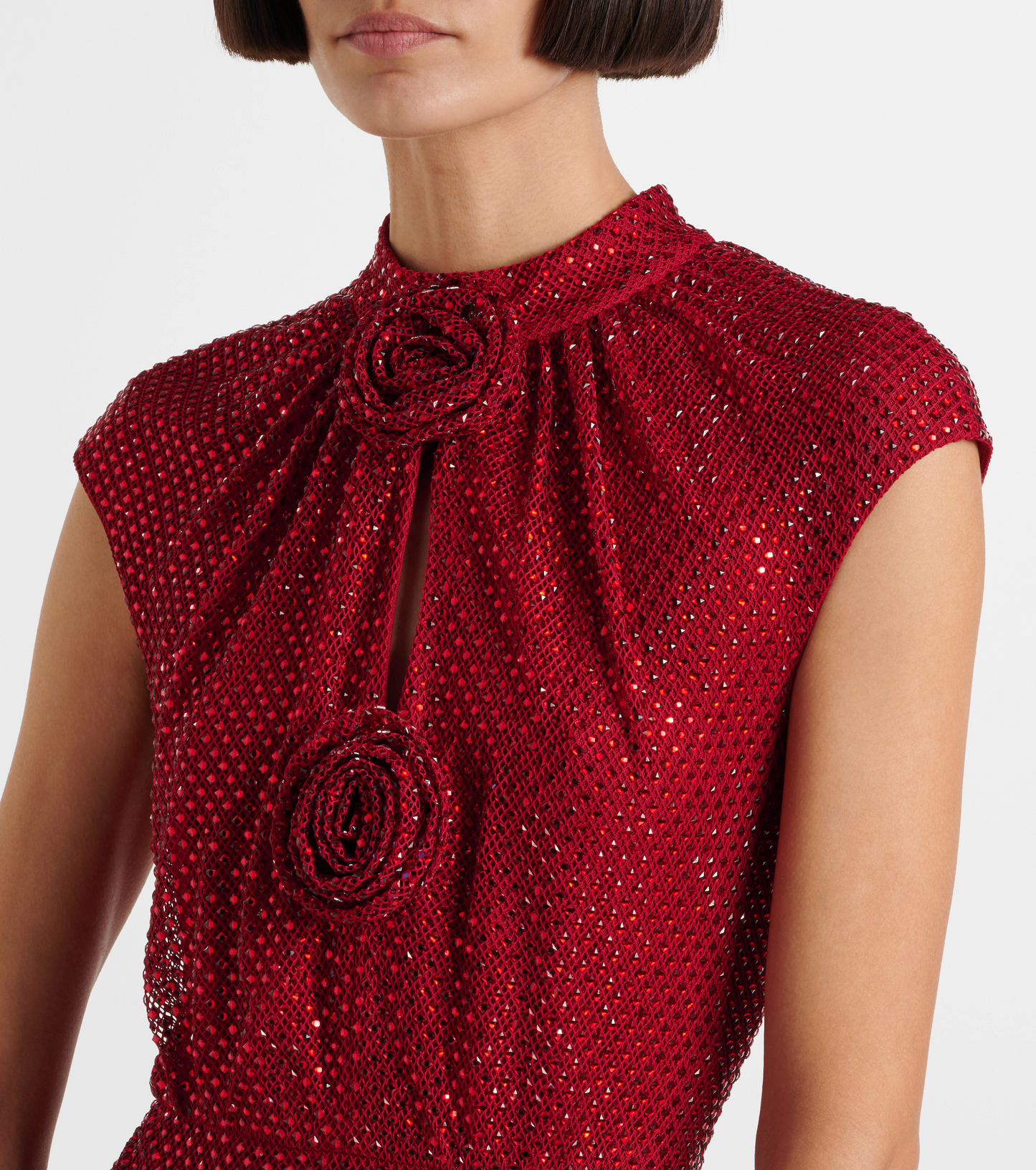 Ruby Red Shimmer Keyhole Rosette Midi Dress