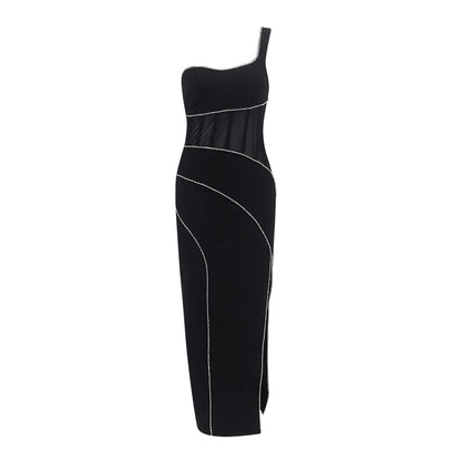 Crystal-Trimmed One-Shoulder Midi Dress with Mesh Cutouts