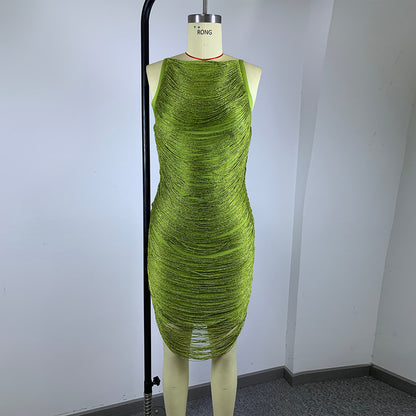 Eliana Textured Ruched Boatneck Midi Dress in Lime Green