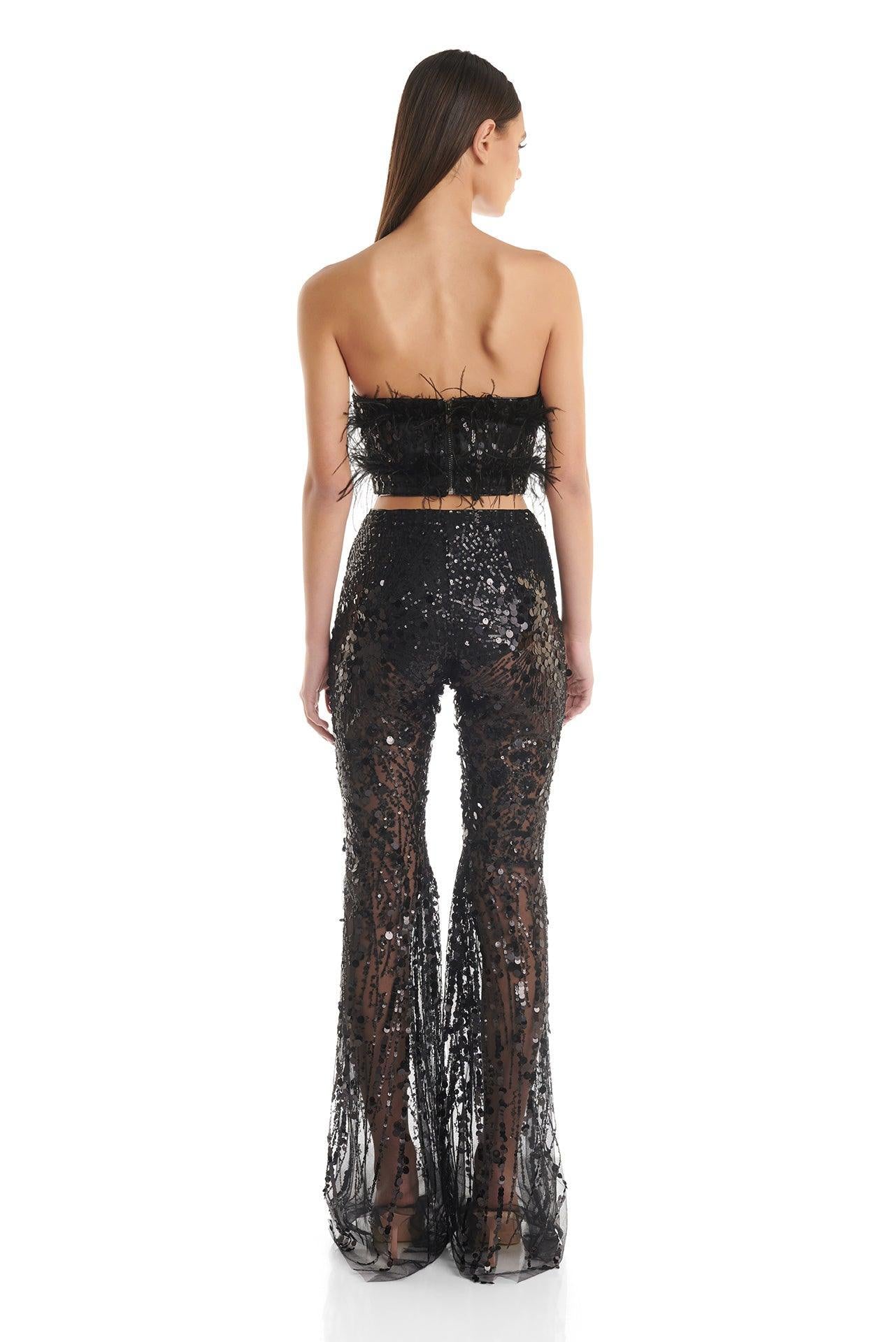 Black Feather-Trimmed Crop Top and Sheer Sequin Flared Pants Set