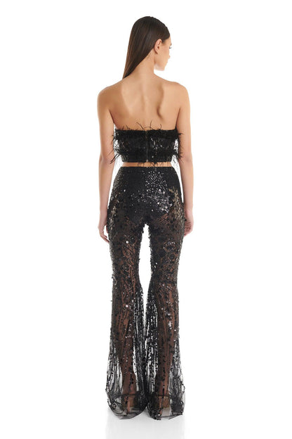 Black Feather-Trimmed Crop Top and Sheer Sequin Flared Pants Set