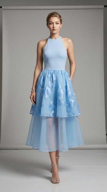 Powder Blue Floral Appliqué Halter Midi Dress