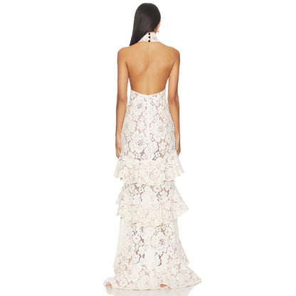 Velvet-Accented Tiered Lace Halter Gown - Ivory & Blush