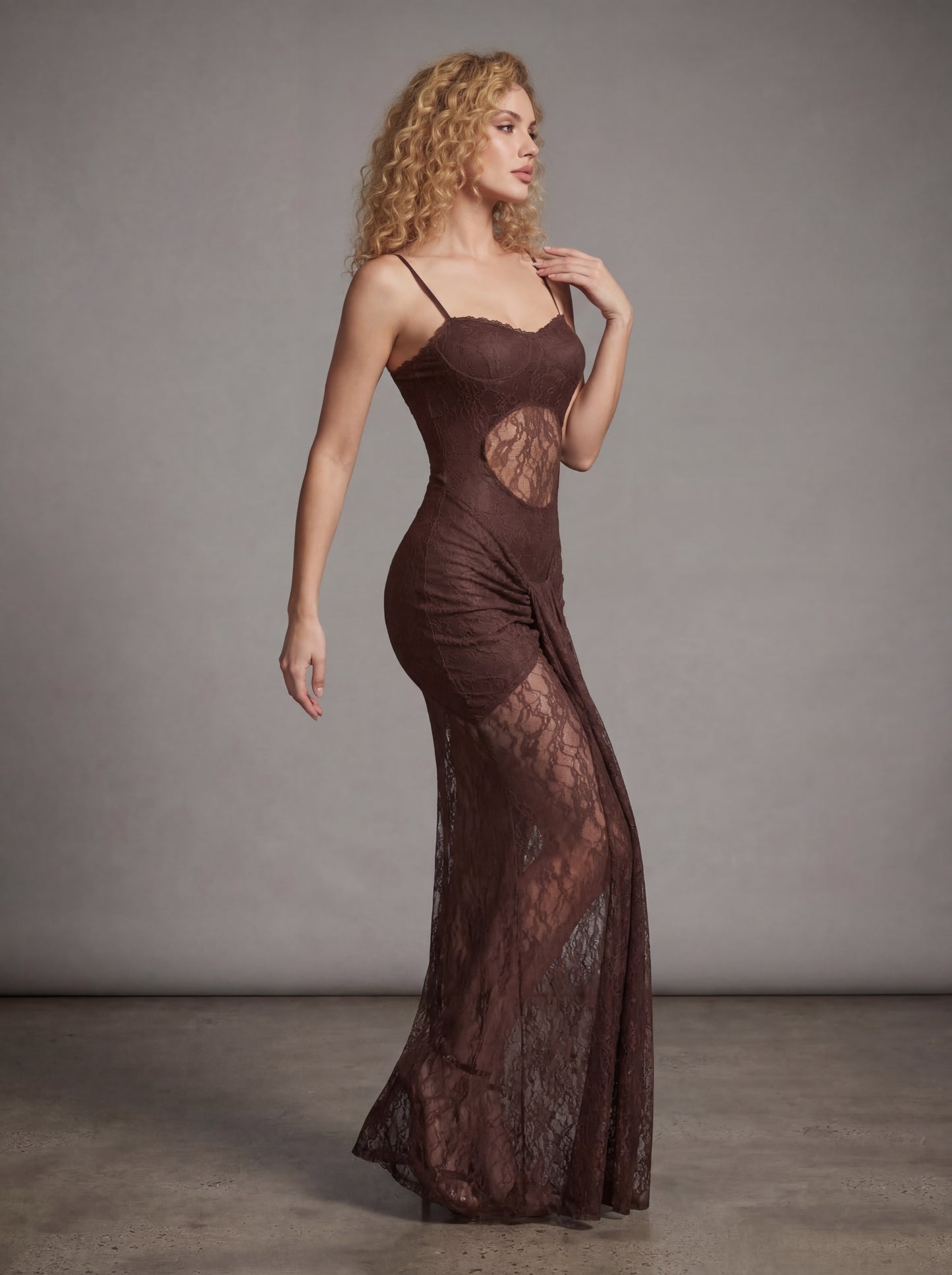Alluring Chocolate Brown Lace Cut-Out Maxi Dress