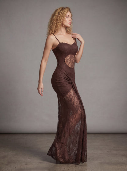 Alluring Chocolate Brown Lace Cut-Out Maxi Dress