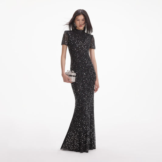 Black Crystal Embellished Short Sleeve Mermaid Gown