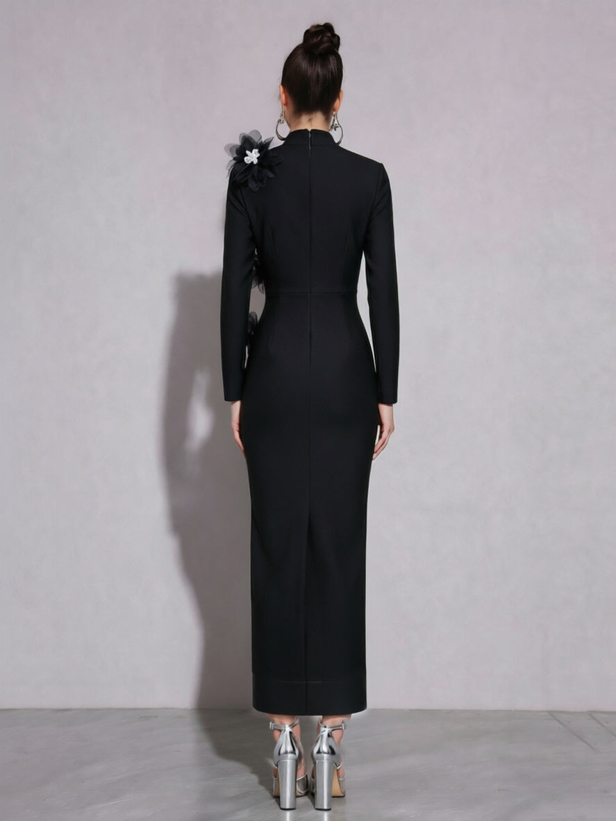 High Neck Long Sleeve Black Gown with 3D Floral Applique