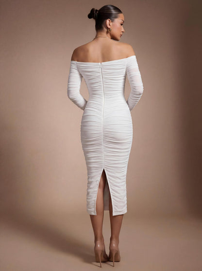 White Off-the-Shoulder Plunging V-Neck Ruched Midi Dress