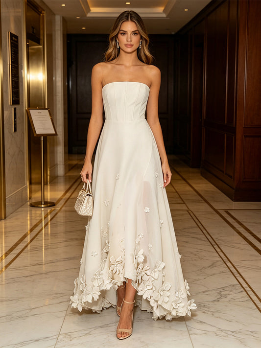 Ivory Strapless 3D Floral High-Low Gown