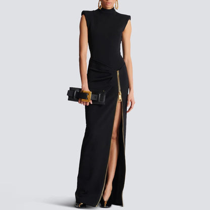 Architectural Strong-Shoulder Zip Column Gown - Onyx Black