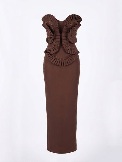 Chocolate Brown Sculptural Strapless Evening Gown