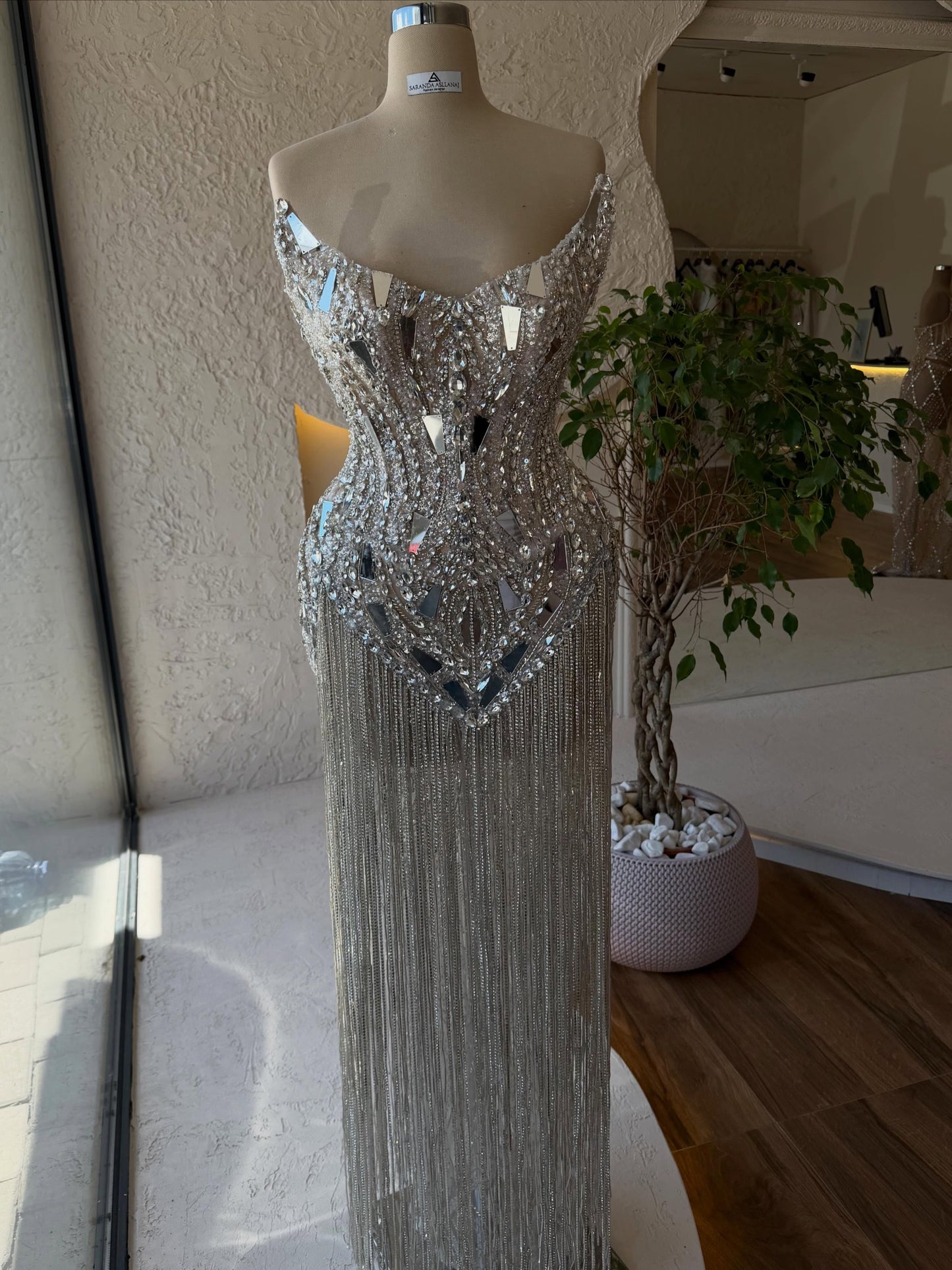 Mirrored Crystal & Beaded Fringe Corset Gown - Silver