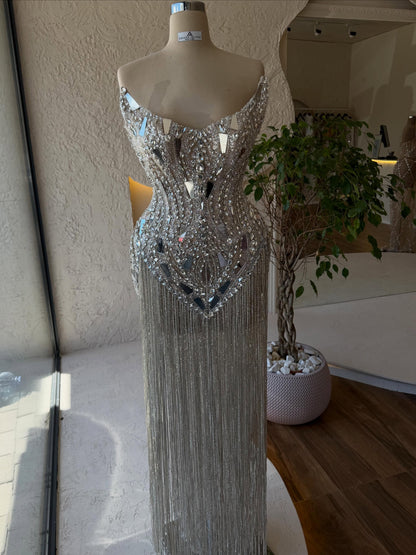 Mirrored Crystal & Beaded Fringe Corset Gown - Silver