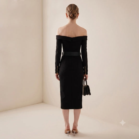 Black Off-the-Shoulder Asymmetrical Zip Belted Midi Dress