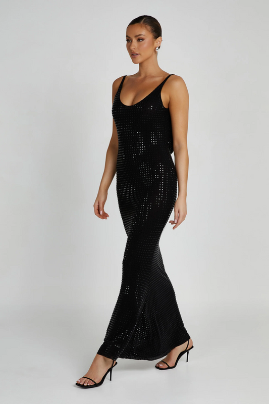 Black Grid Embellished Scoop Neck Maxi Dress