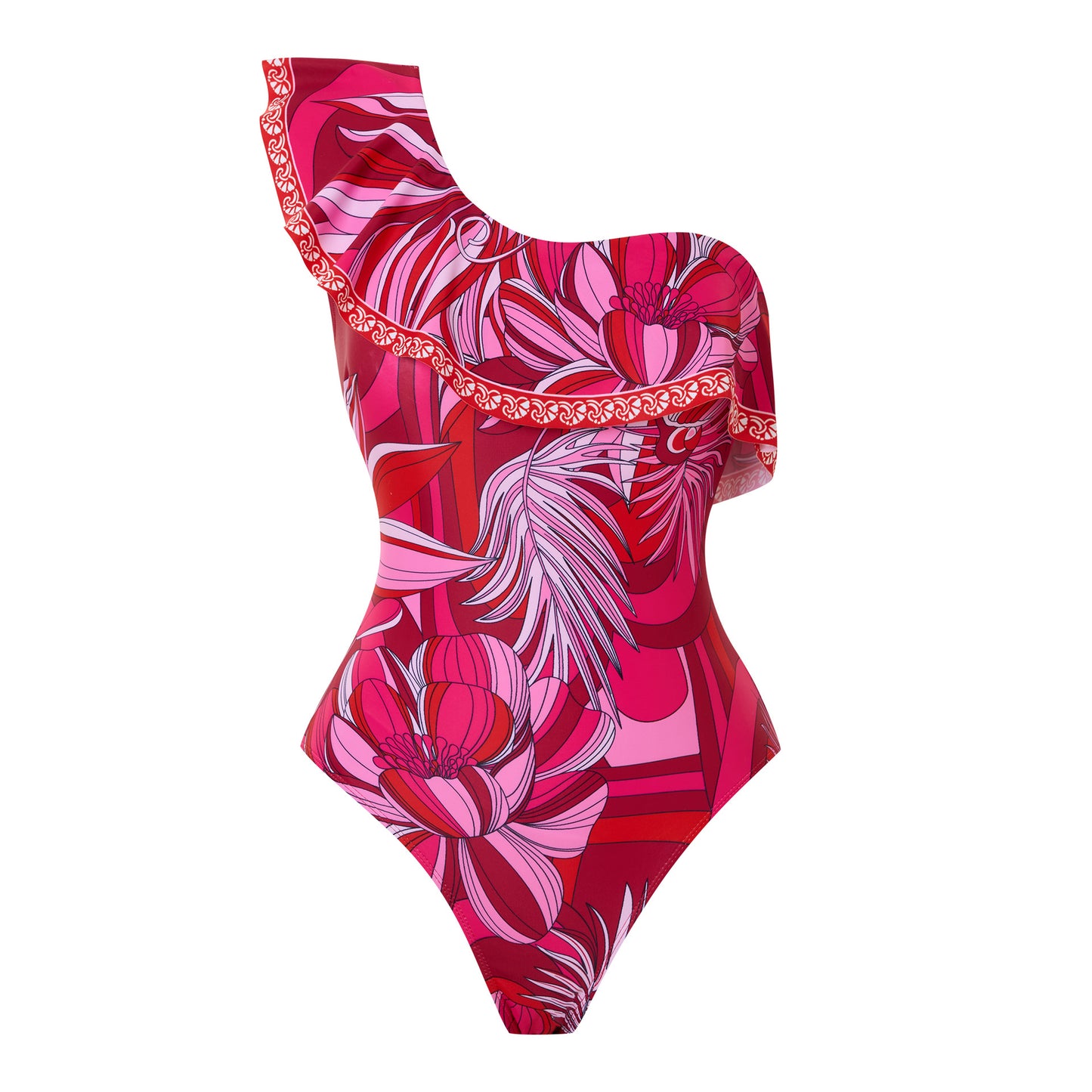 Red one-piece swimsuit with a single ruffled shoulder,paired with a matching short skirt