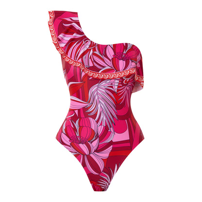 Red one-piece swimsuit with a single ruffled shoulder,paired with a matching short skirt
