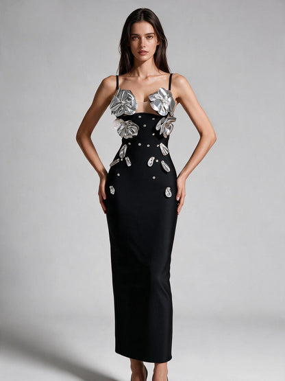 Avant-Garde Black Gown with Silver Floral Embellishments