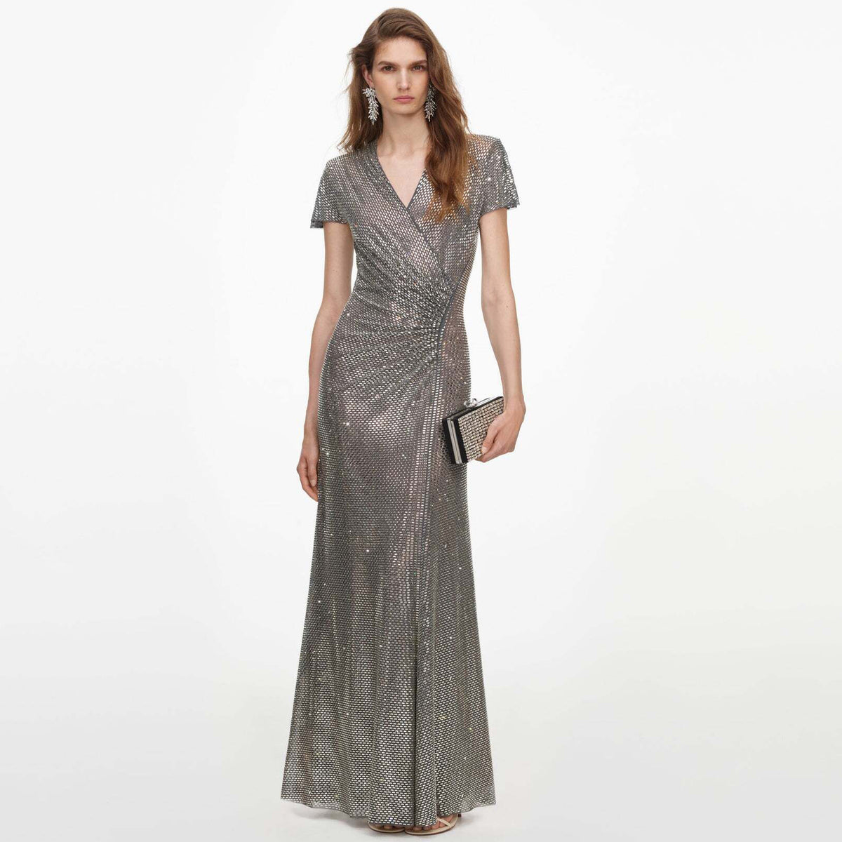 Metallic Sequin Ruched V-Neck Gown - Liquid Silver