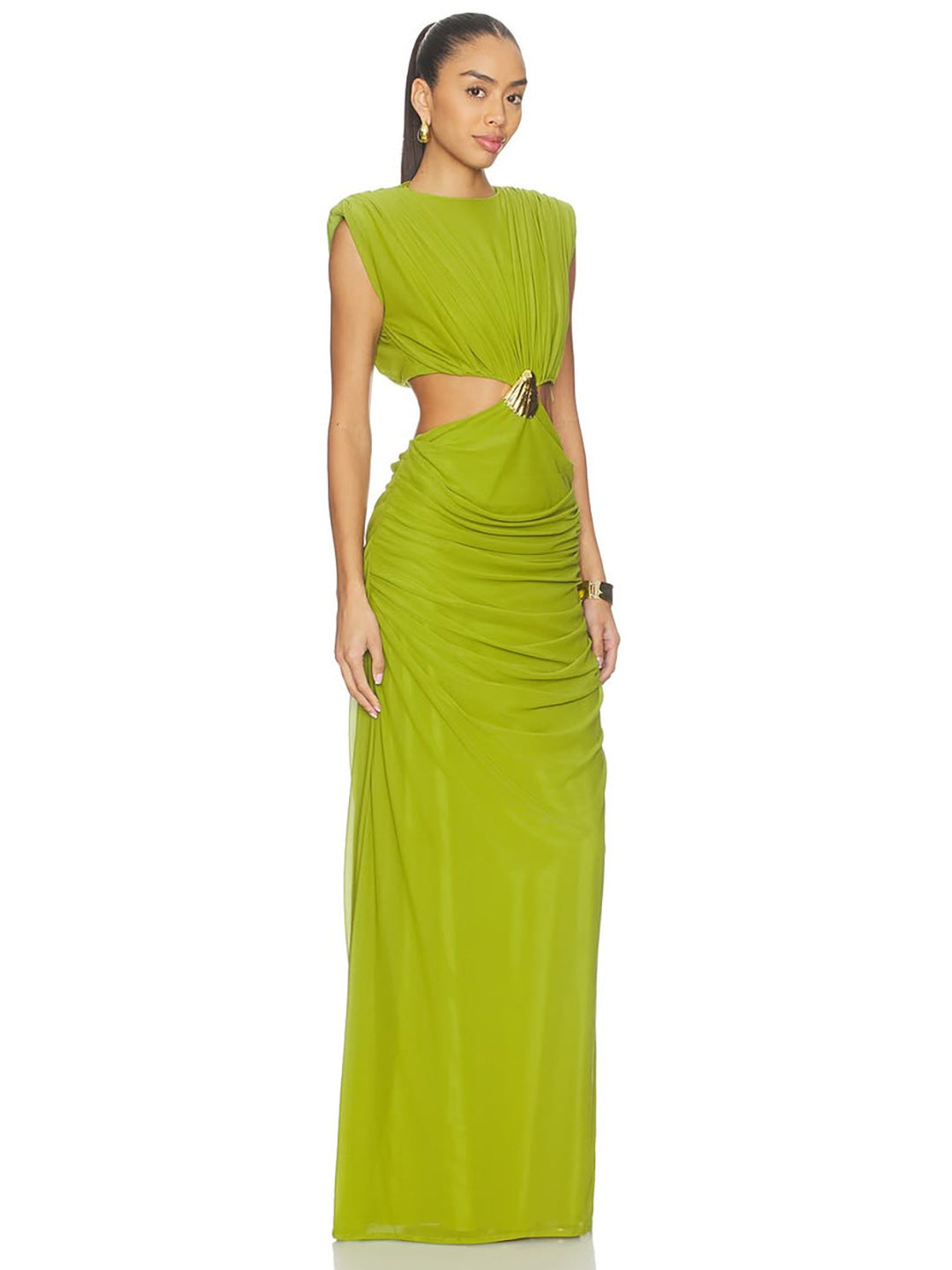 Vibrant Lime Green Draped Evening Dress with Waist Cutouts