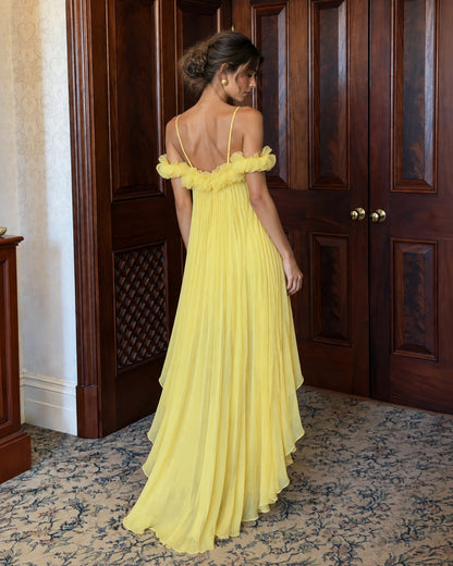Yellow Pleated Chiffon High-Low Gown
