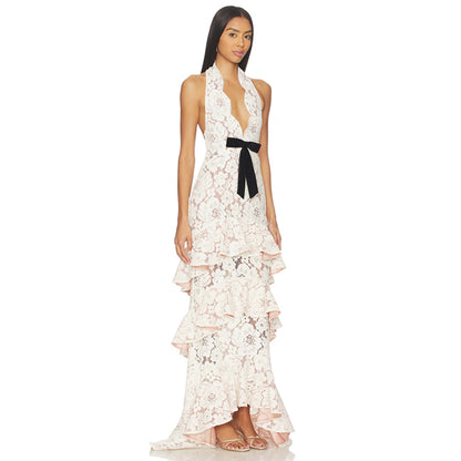 Velvet-Accented Tiered Lace Halter Gown - Ivory & Blush