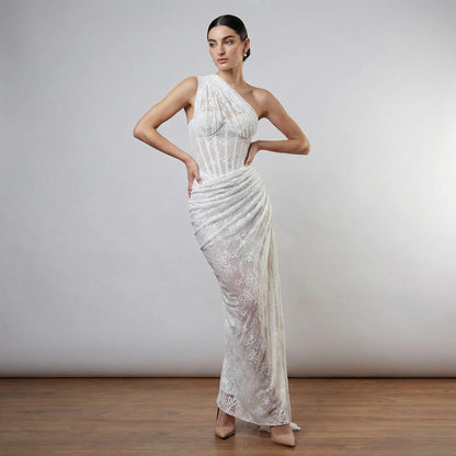 Radiant Lace One-Shoulder Corset Gown