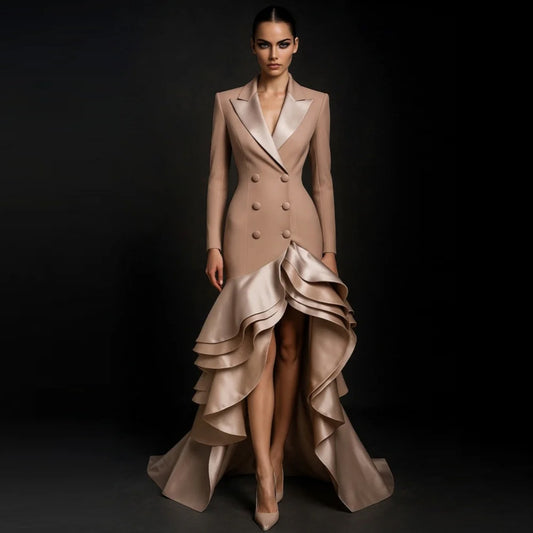 Taupe Tuxedo-Style High-Low Ruffle Gown