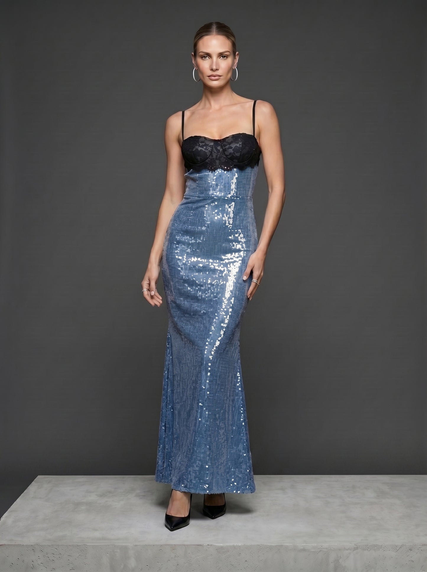 Ice Blue Sequin Gown with Black Lace Corset