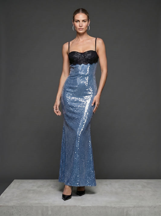 Ice Blue Sequin Gown with Black Lace Corset