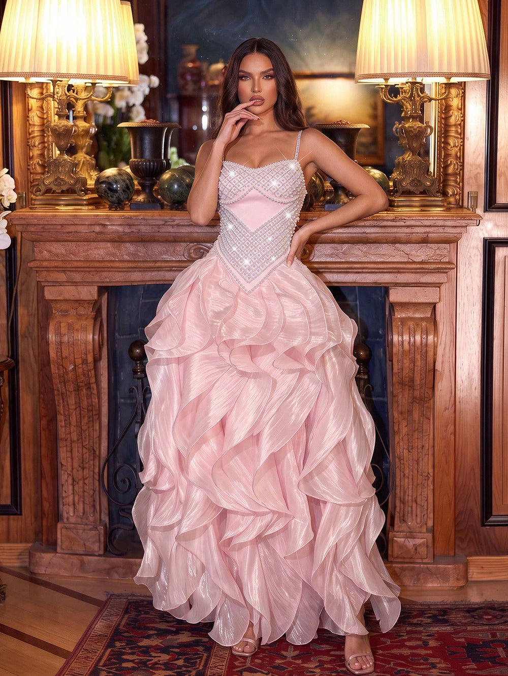 Crystal-Embellished Corset Ruffle Gown - Ivory Cream