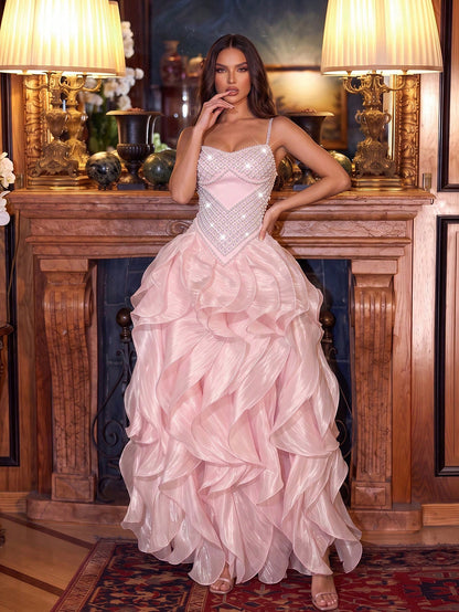 Crystal-Embellished Corset Ruffle Gown - Ivory Cream