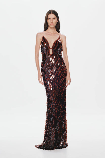 Ember Sequin Floor-Length Gown with Plunging Keyhole Neckline