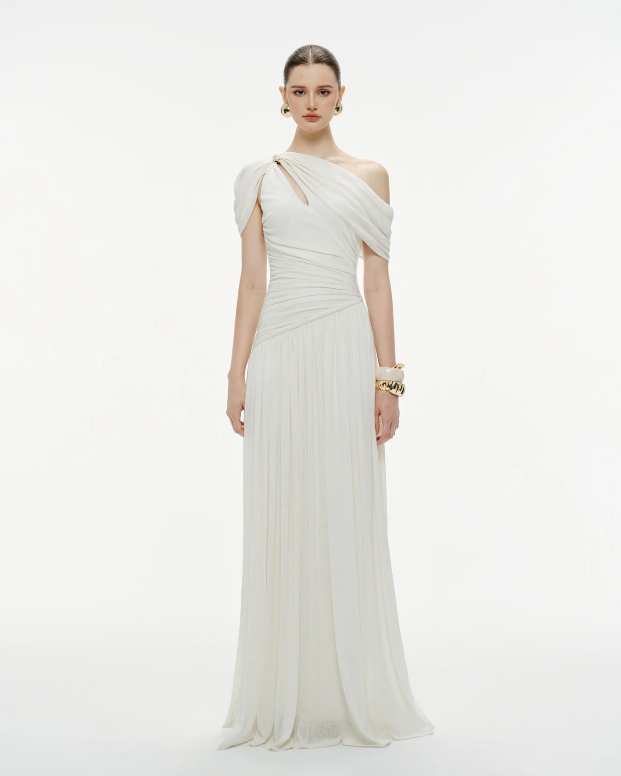 Elegant Off-the-Shoulder Ruched Chiffon Gown – Ivory