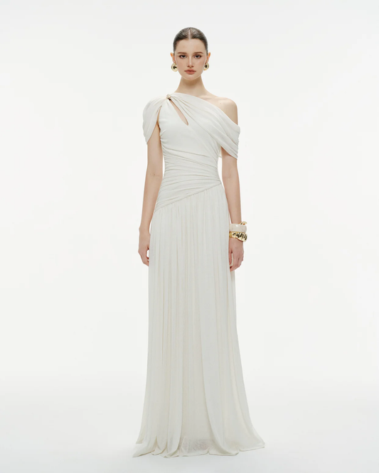 Elegant Off-the-Shoulder Ruched Chiffon Gown – Ivory