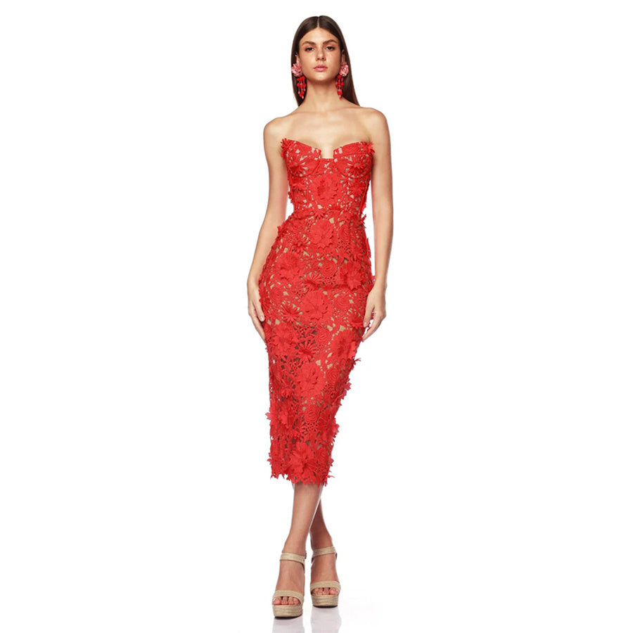 Strapless Red 3D Floral Lace Bustier Midi Dress