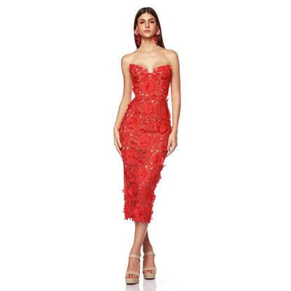 Strapless Red 3D Floral Lace Bustier Midi Dress