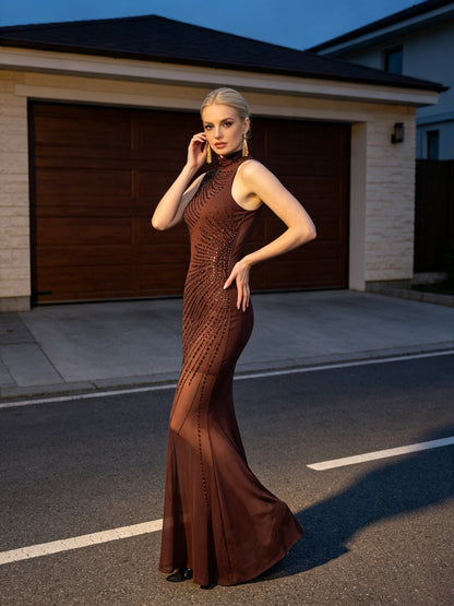 Embellished Sheer Mesh Gown - Chocolate Brown