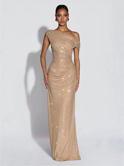 Champagne Crystal Mesh Asymmetrical Evening Gown