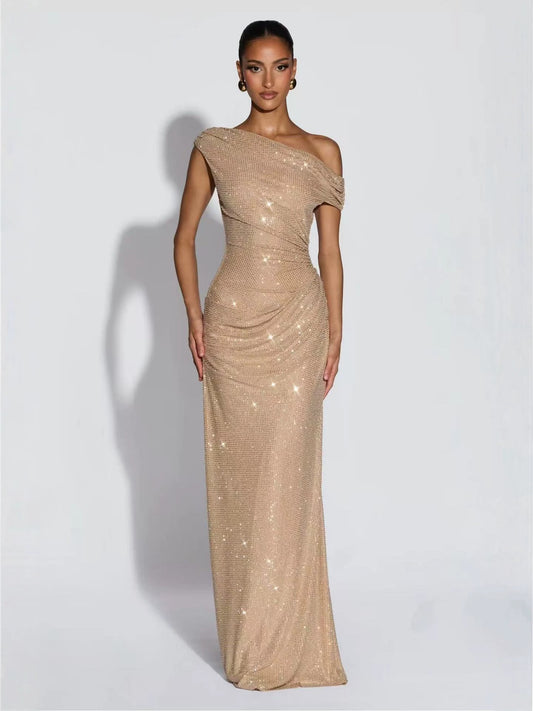 Champagne Crystal Mesh Asymmetrical Evening Gown