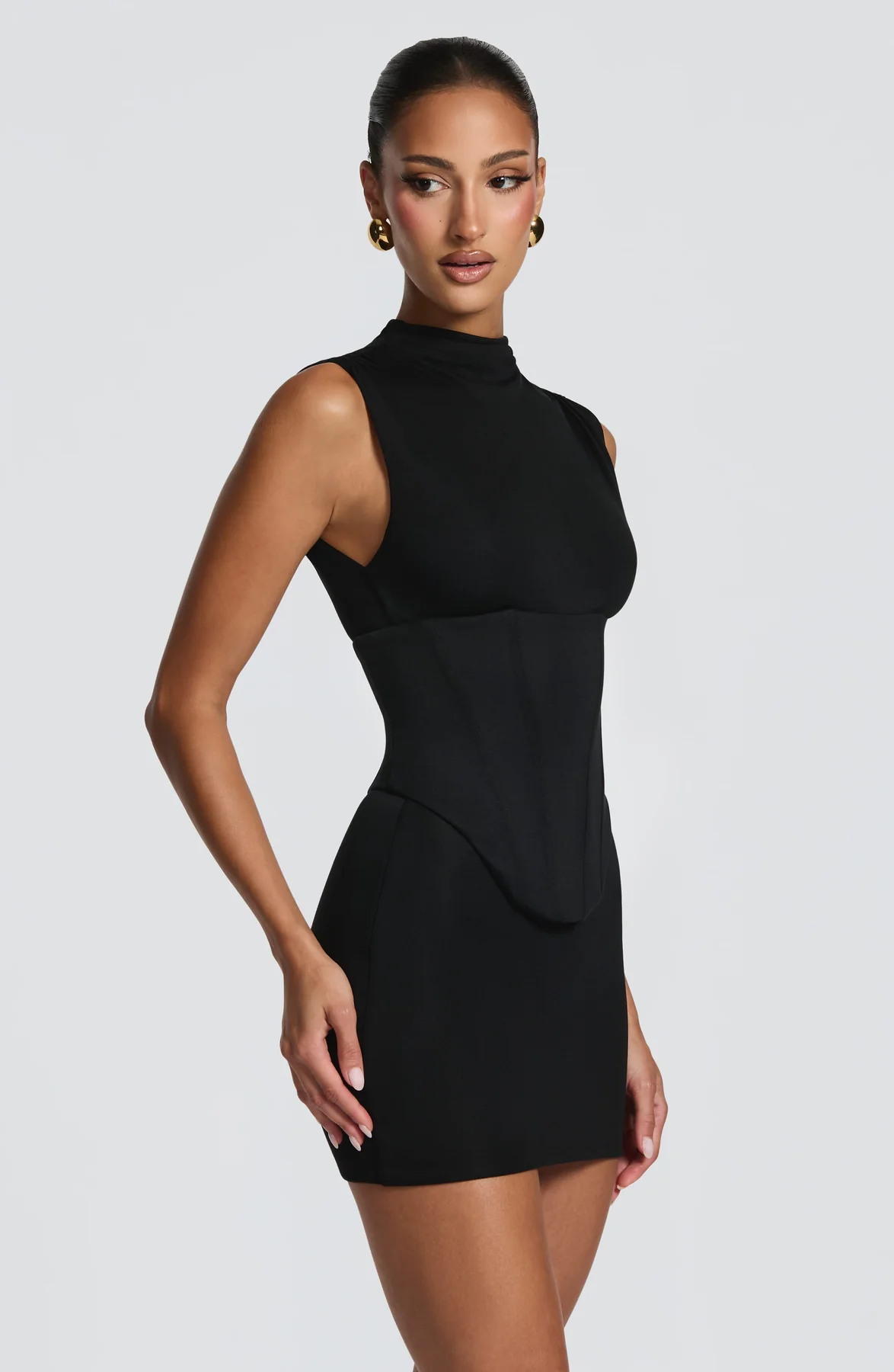 Black High Neck Corset-Style Mini Dress