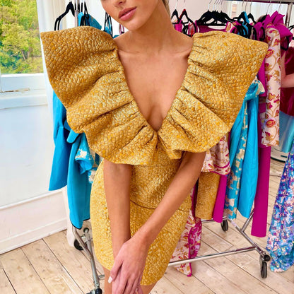 Metallic Gold Dramatic Ruffle Mini Dress