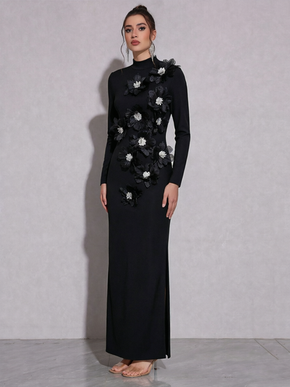 High Neck Long Sleeve Black Gown with 3D Floral Applique