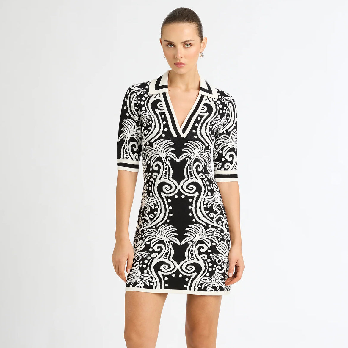 Monochrome Jacquard Knit Polo Mini Dress