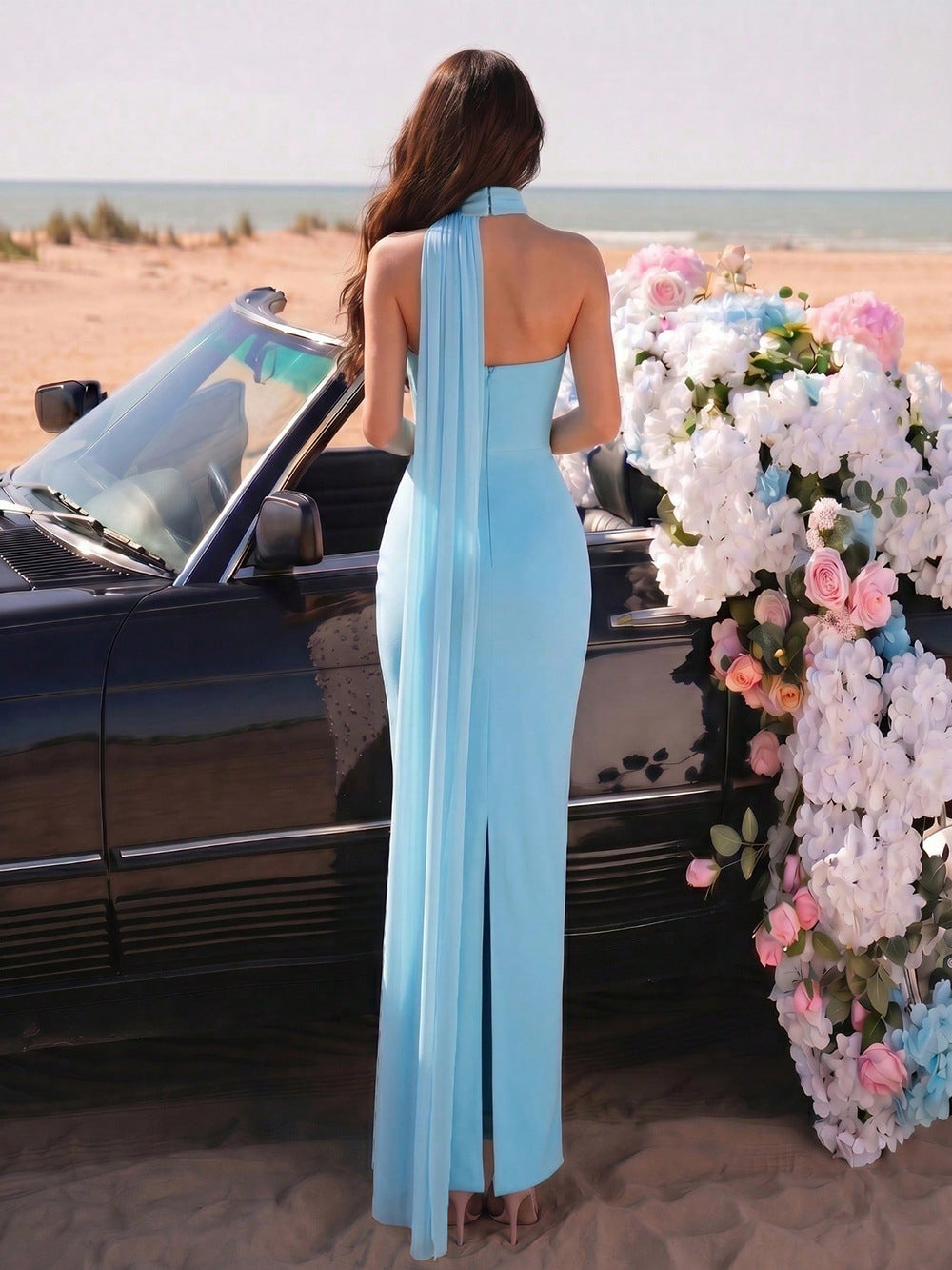 Crystal-Embellished Halter Cape Gown - Sky Blue