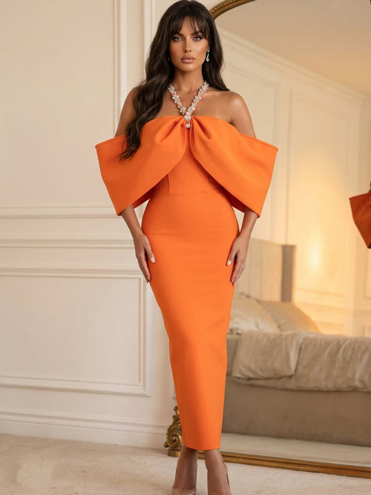 Tangerine Orange Sculptural Off-the-Shoulder Midi Dress