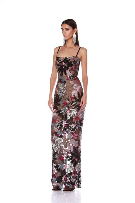 Botanical Embroidered Mesh Column Gown with Delicate Camisole Straps