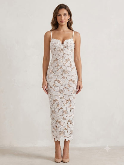 White Sheer Floral Lace Bustier Maxi Dress