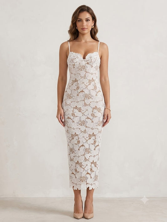 White Sheer Floral Lace Bustier Maxi Dress