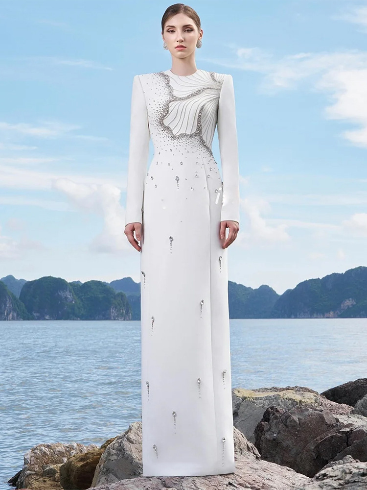 White Crystal Embellished Long Sleeve Column Gown